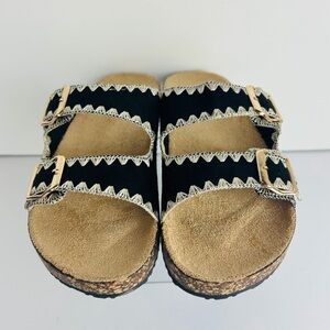 NWT Niki Slip On Sandals Women's 7 Black Double Strap Gold Buckles Embroidered